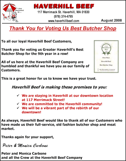 Thank You for Voting Us Best Butcher Shop. To all our loyal Haverhill Beef Customers, Thank you for voting us Greater Haverhill's Best Butcher Shop for the 9th year in a row!